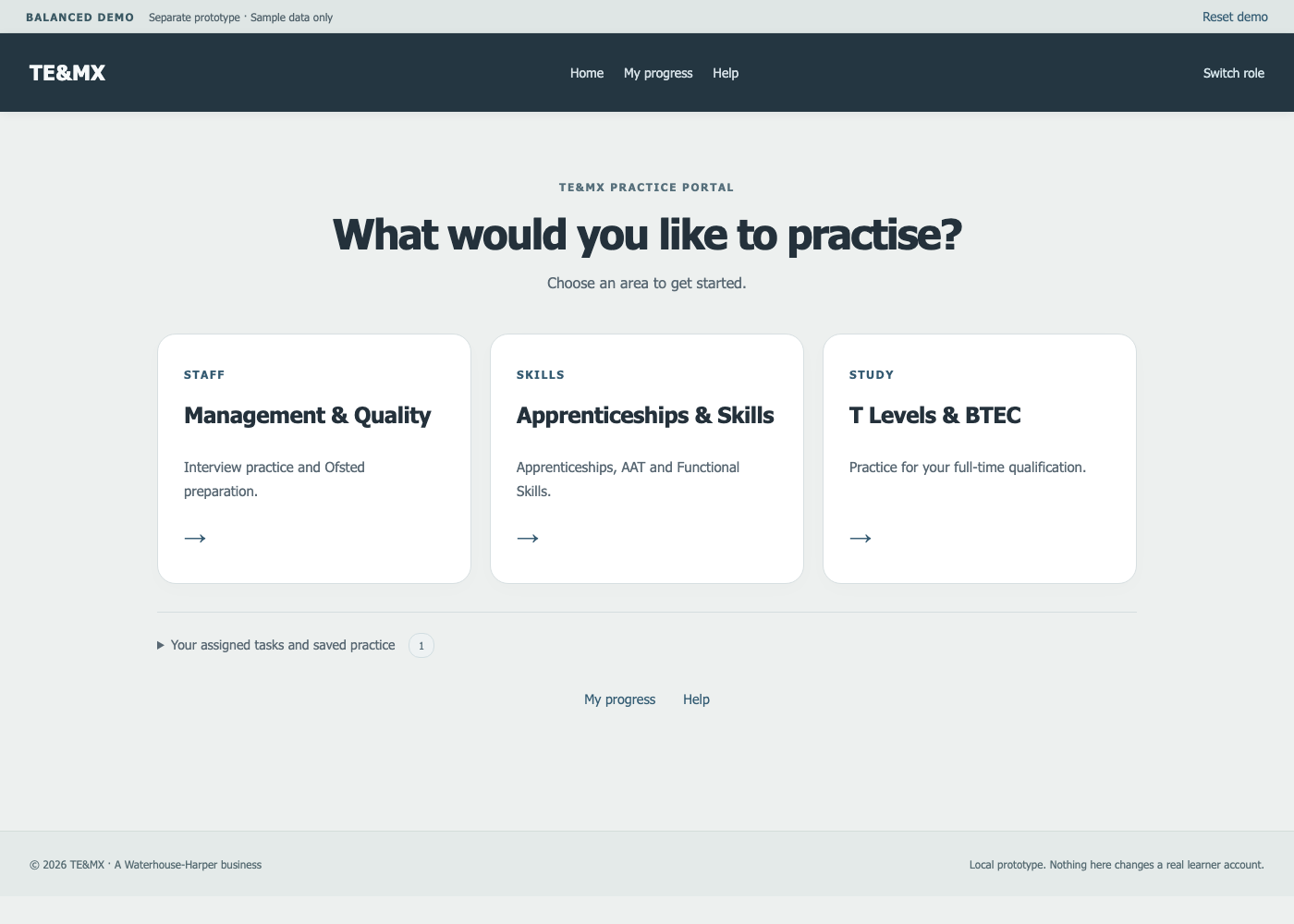 Balanced option: soft grey background, white cards and muted blue buttons